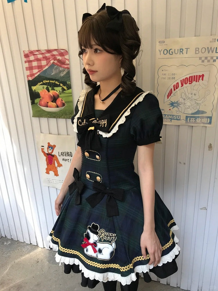 with Lace Plaid Trim Sweet Lolita Green and Black Dress Puppy Patch