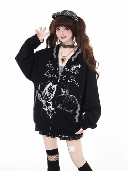 Hoodie Bittersweet Black Butterfly Print Zip Closure