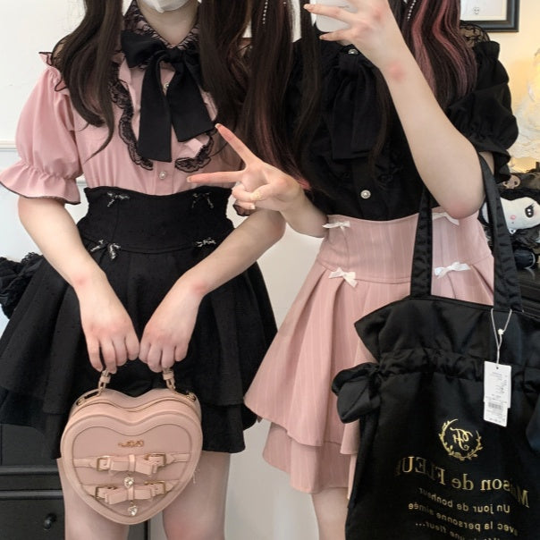 カットアウトショルダーレーストリムブラウスタイ（リボン付き） ジライケイ ブラック/レッド/ピンク/ホワイト