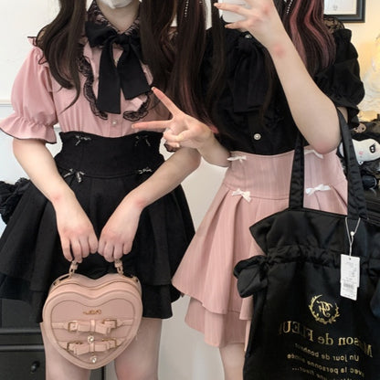 カットアウトショルダーレーストリムブラウスタイ（リボン付き） ジライケイ ブラック/レッド/ピンク/ホワイト