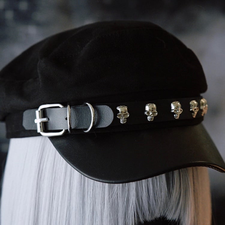Decorated Gothic Black Design Buckle Hat Skeleton Beret