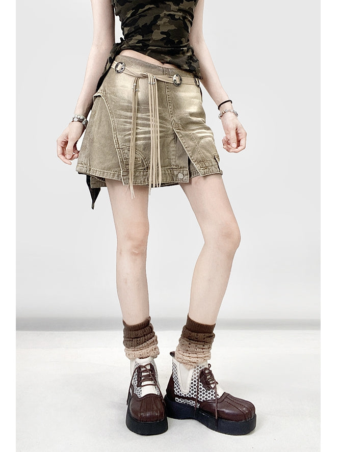 フェードファッション ライトウォッシュデニムスコート ミラードブラウン