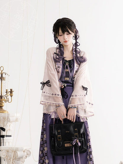 Pink Morden Hanfu Elements Moon Rabbit Embroidery Outerwear with Lace & Bowknots - Luo Xiu Dong Xiang