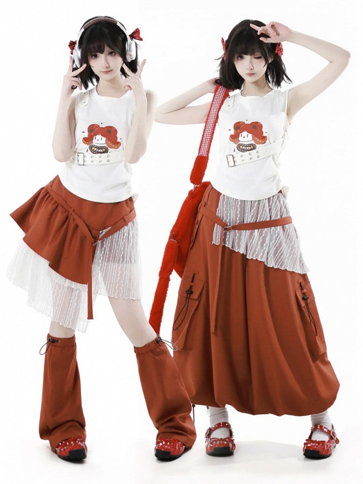 オレンジの伸縮性ウエスト、ドローストリングヘム、カーゴポケット、ロングバブルスカート