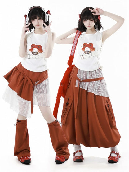 オレンジの伸縮性ウエスト、ドローストリングヘム、カーゴポケット、ロングバブルスカート