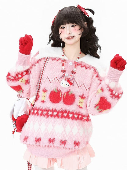 Daily Christmas Apple in Purple Bow with Pink/Light Patterns Kawaii Sweater
