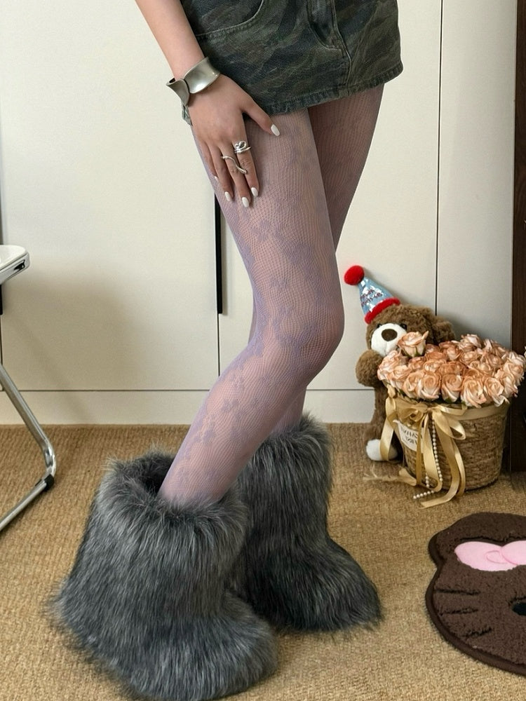 Y2K Brown/Purple/Black/White Floral Details Tights