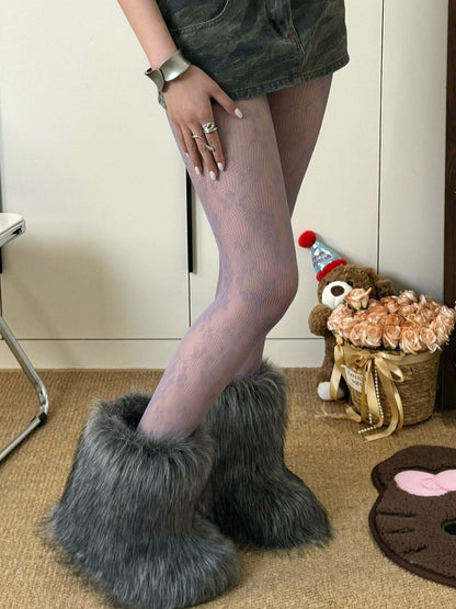 Y2K Brown/Purple/Black/White Floral Details Tights