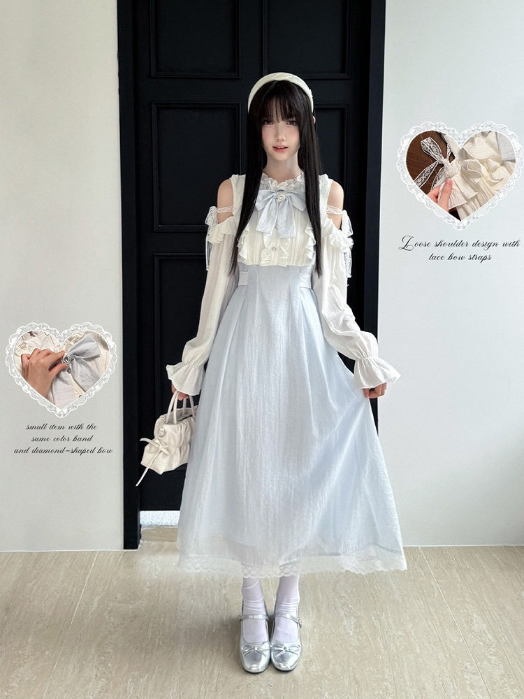 Blue-White Cutout Shoulder Bow Ruffle Long Sleeve Seiso Dress - LA LA JK