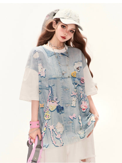 Summer Loose Design T-Shirt Blue Colorblock Denim Top Print