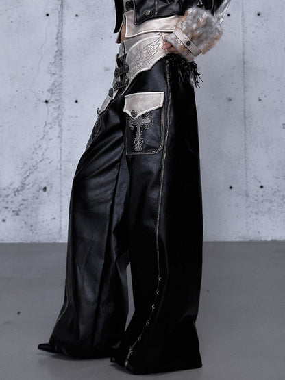 - Wide-leg Pants Punk Black Wing Embroidery