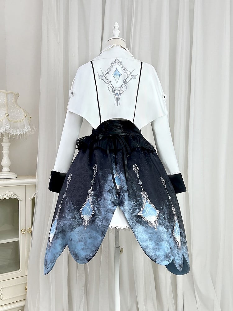 Taillen-Lolita-Militär-Set High-Low + Korsett, kurze weiße ärmellose Ärmel, voller Rock, futuristisches langes Top-Kleid