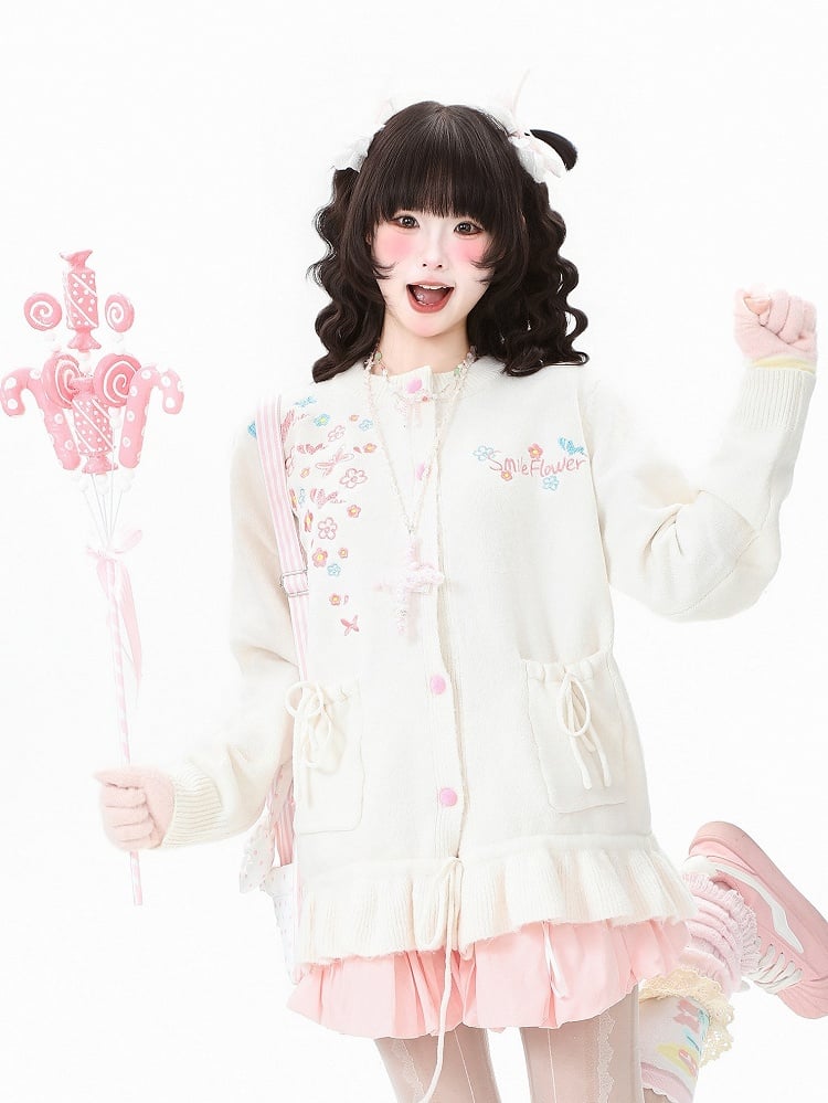 with Daily Cardigan Ruffled Hem Kawaii Pink/Apricot
