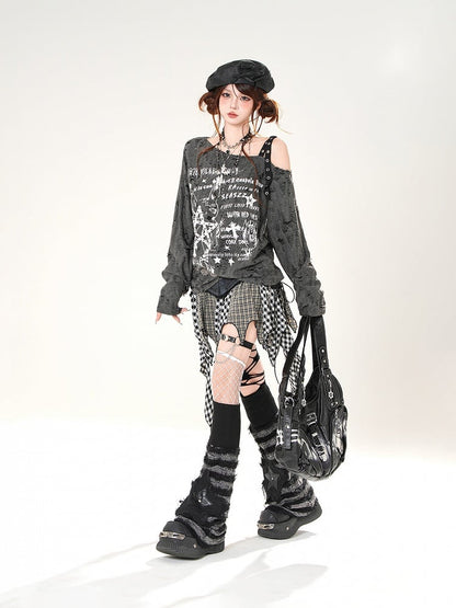 Graphic Coverup Asymmetrical Neckline Distressed Holes Black/White