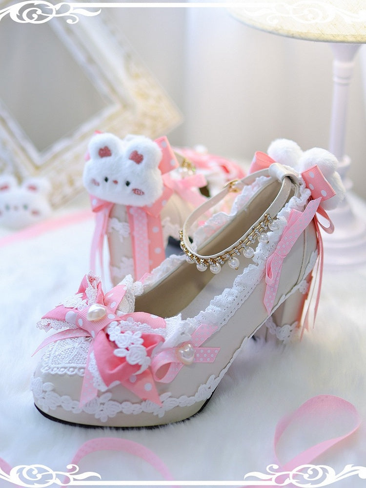 Top at Decorated Block Bunny Lolita 8CM Plush Sweet Pink Heels Shoes Bow