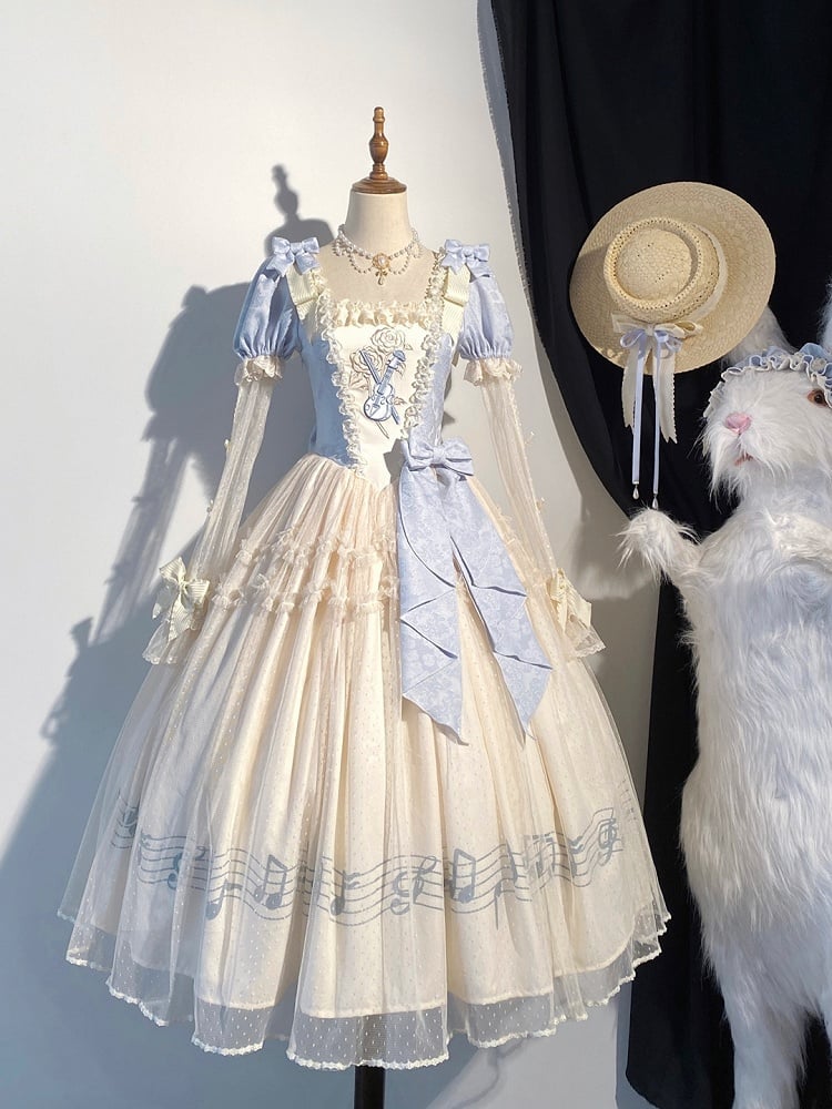 Dress Blue Version Print Lolita Elegant Note Beige Lace Violin Classic with Embroidery Long Musical