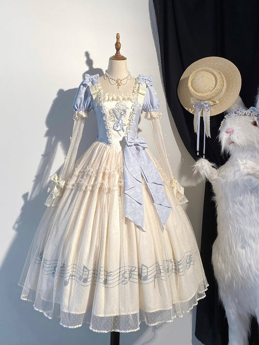 Dress Blue Version Print Lolita Elegant Note Beige Lace Violin Classic with Embroidery Long Musical