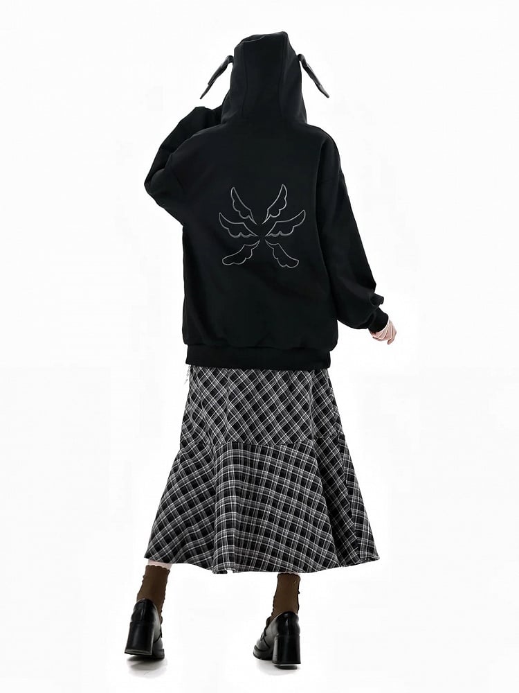 Bittersüße Kette Grau/Schwarz Kapuzendesign Hoodie Flügel Kreuz Wing Stickerei Rücken Feder