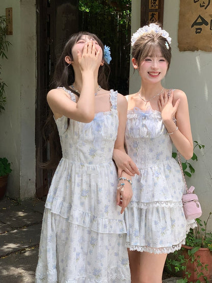 Skirt Short Floral Back Cami Dress Lace-up Version Light Blue Lace Trim Tiered with