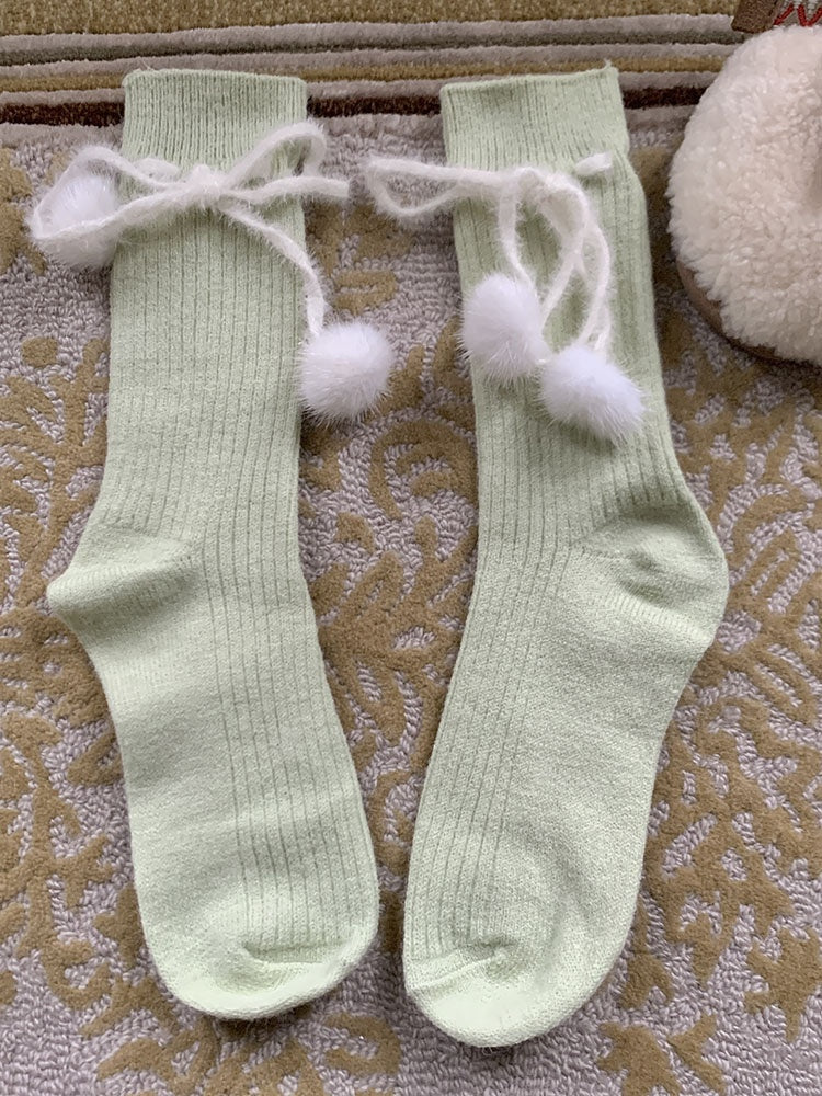 Khaki/Red/White/Grey/Green Cute Calf Socks With Pompons