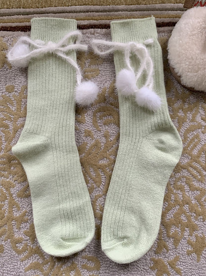 Khaki/Rot/Weiß/Grau/Grün Süße Wadensocken mit Pompons