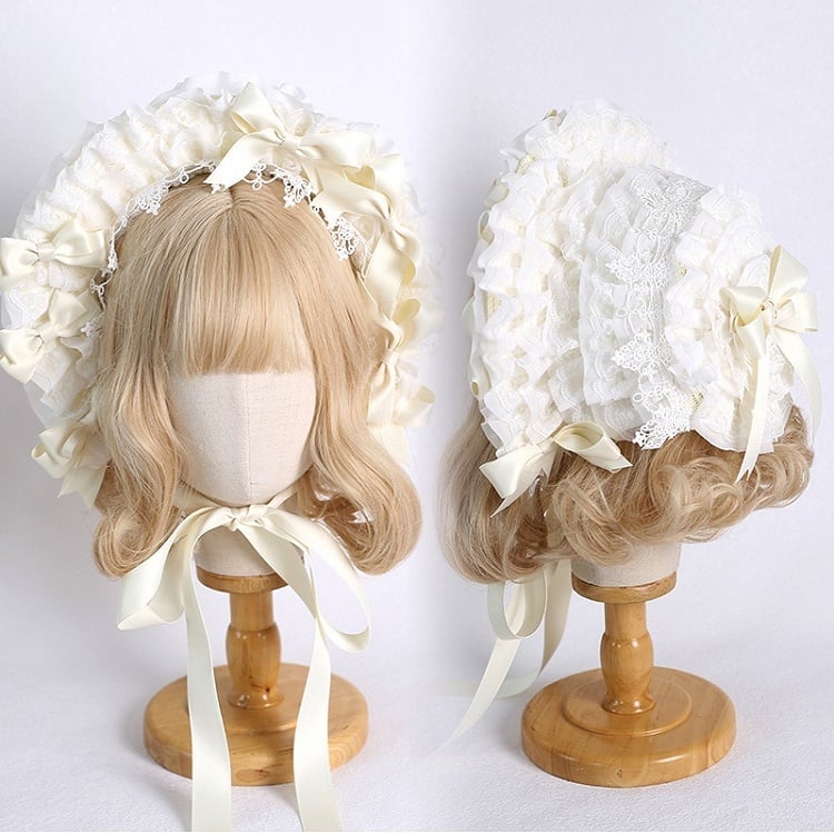 Farben: Abnehmbare Lolita-Haube mit Schleife, Spitzenbesatz und süßem, elegantem Beige 12