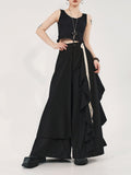 with Asymmetrical Skort Waistband Partial Design Black Elastic High-waisted