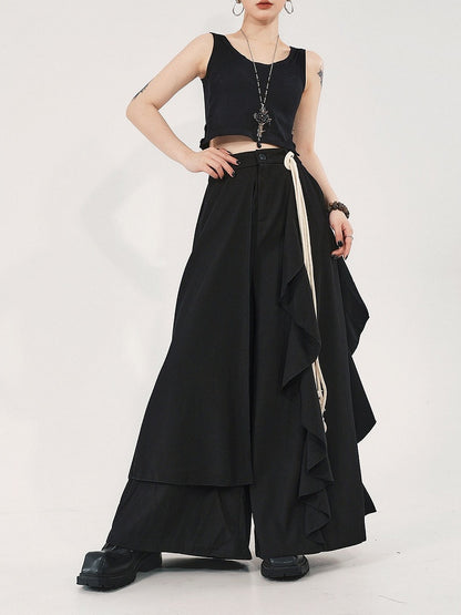 with Asymmetrical Skort Waistband Partial Design Black Elastic High-waisted