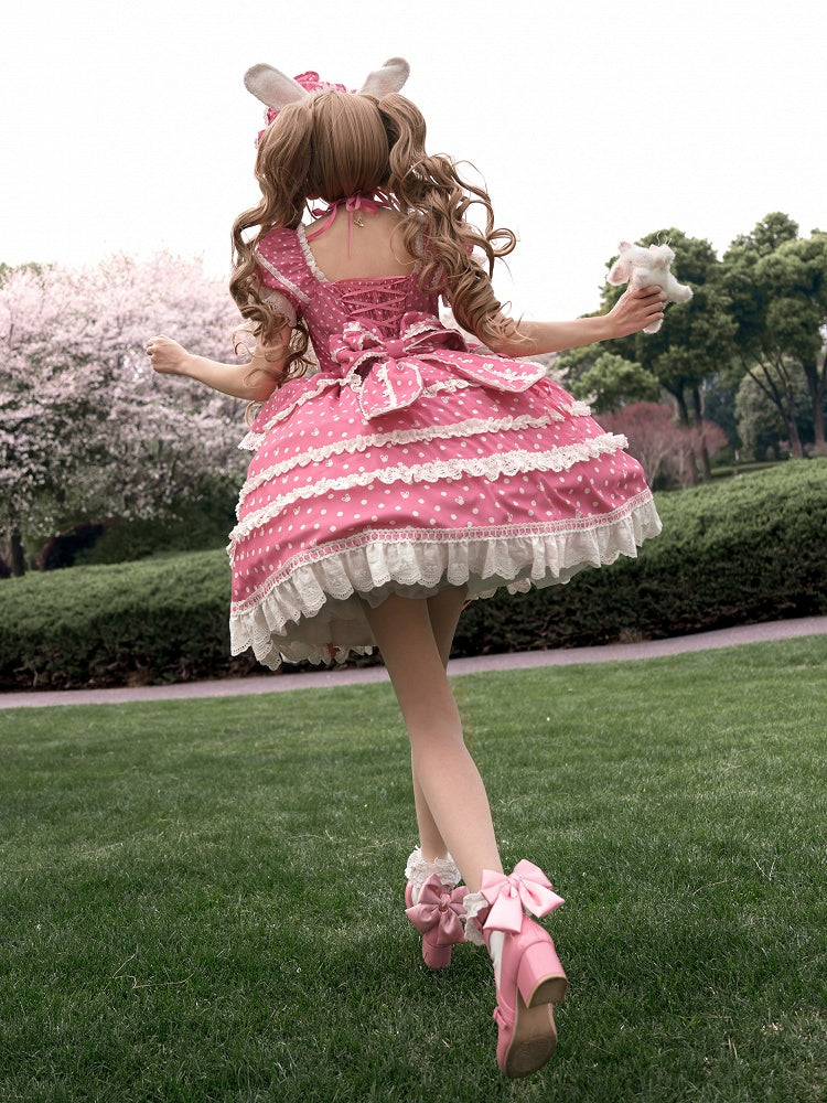 Ohren Quadrat Muster Kleid Bunny Polka Dots Lolita Ausschnitt Rosa Plüsch Süß Dunkel