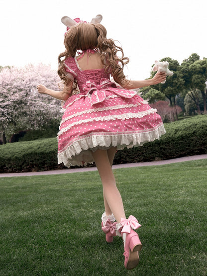 Ohren Quadrat Muster Kleid Bunny Polka Dots Lolita Ausschnitt Rosa Plüsch Süß Dunkel