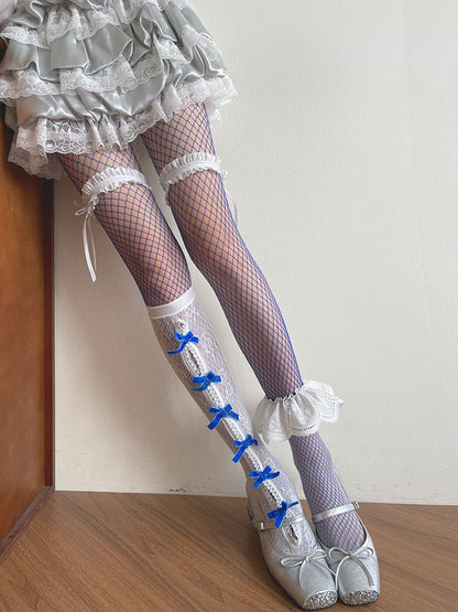 Trim Socks/Floral Cut-out Tulle Bowknot Design Stockings with Pattern Tights/White Lace Underknee Blue Fishnet