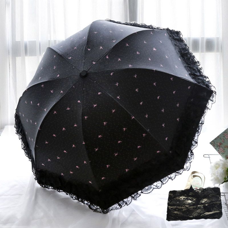 Black folding Lolita umbrella with lace trim and small canopy motifs