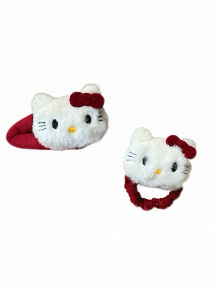 Red Kawaii Cat Hair Tie and Hairclip Set - IVONA boutique