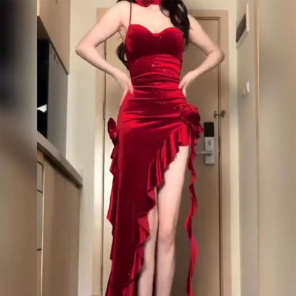 Crimson Velvet Enchantment Gown - Asymmetric Slit Evening Dress