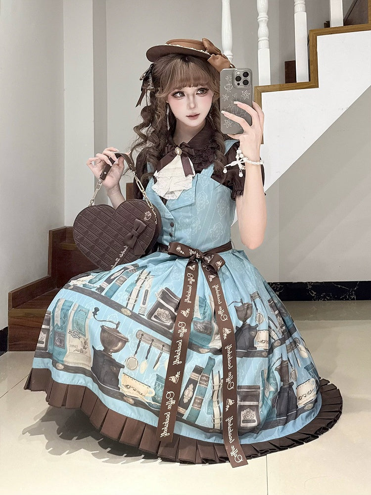 Blue Brown Coffee Cup Bookshelf Print Elegant JSK Dress Ruffled Hem - Dream Whale