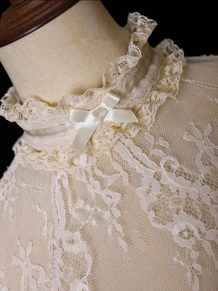 Beige Lace Bell Sleeve Blouse with Stand Collar Accent - Twin Bear Original Design