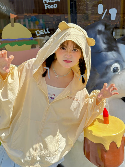 ジャケット 日焼け防止 ドローストリング イエロー マーモットの耳デザイン フード裾