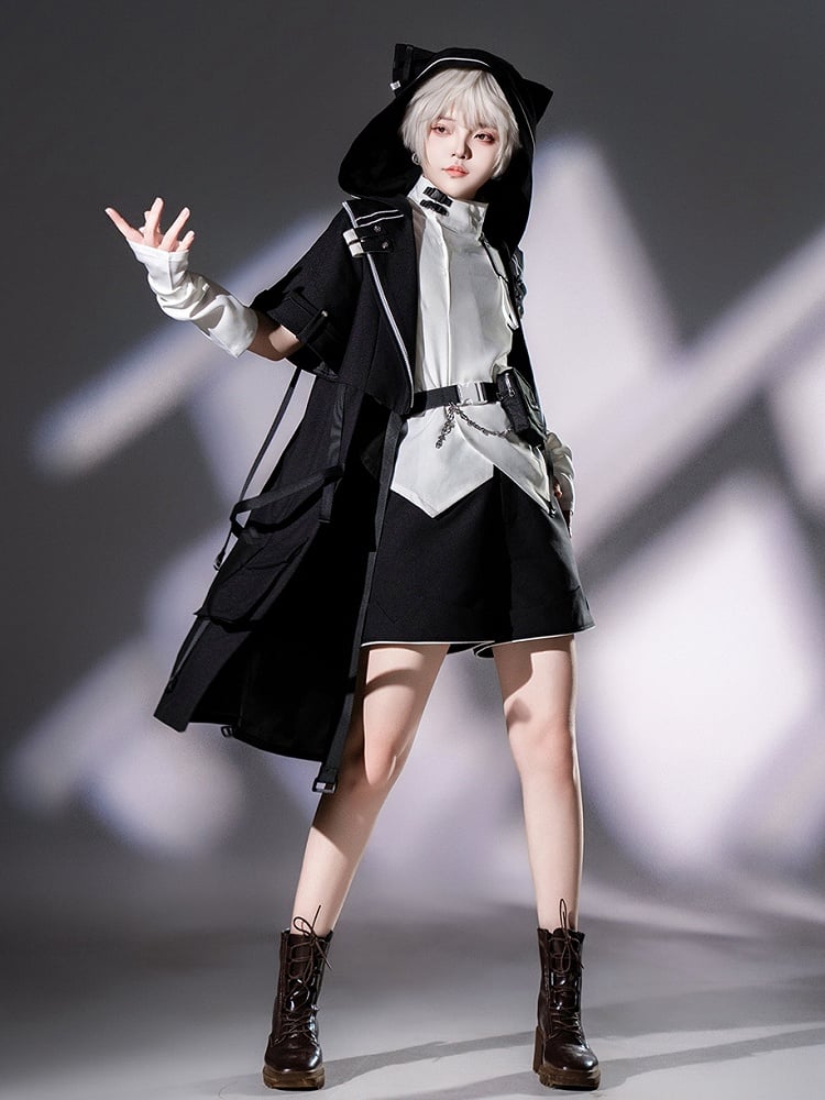Futuristic Fashion Buckle Collar Techwear White Sleeves Short High Ouji Top