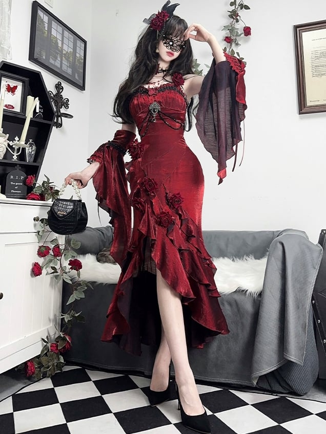 取り外し可能なフリル袖付きバーガンディレッドのイブニングドレス、ロゼットマーメイドドレス