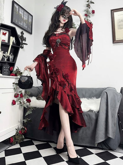 取り外し可能なフリル袖付きバーガンディレッドのイブニングドレス、ロゼットマーメイドドレス