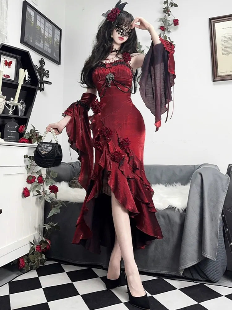 フリルスリーブのマーメイドドレス、ロゼット付きイブニングドレス（取り外し可能）、レッドバーガンディ