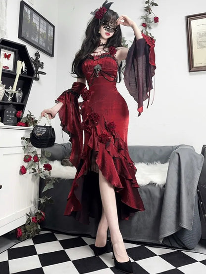 フリルスリーブのマーメイドドレス、ロゼット付きイブニングドレス（取り外し可能）、レッドバーガンディ