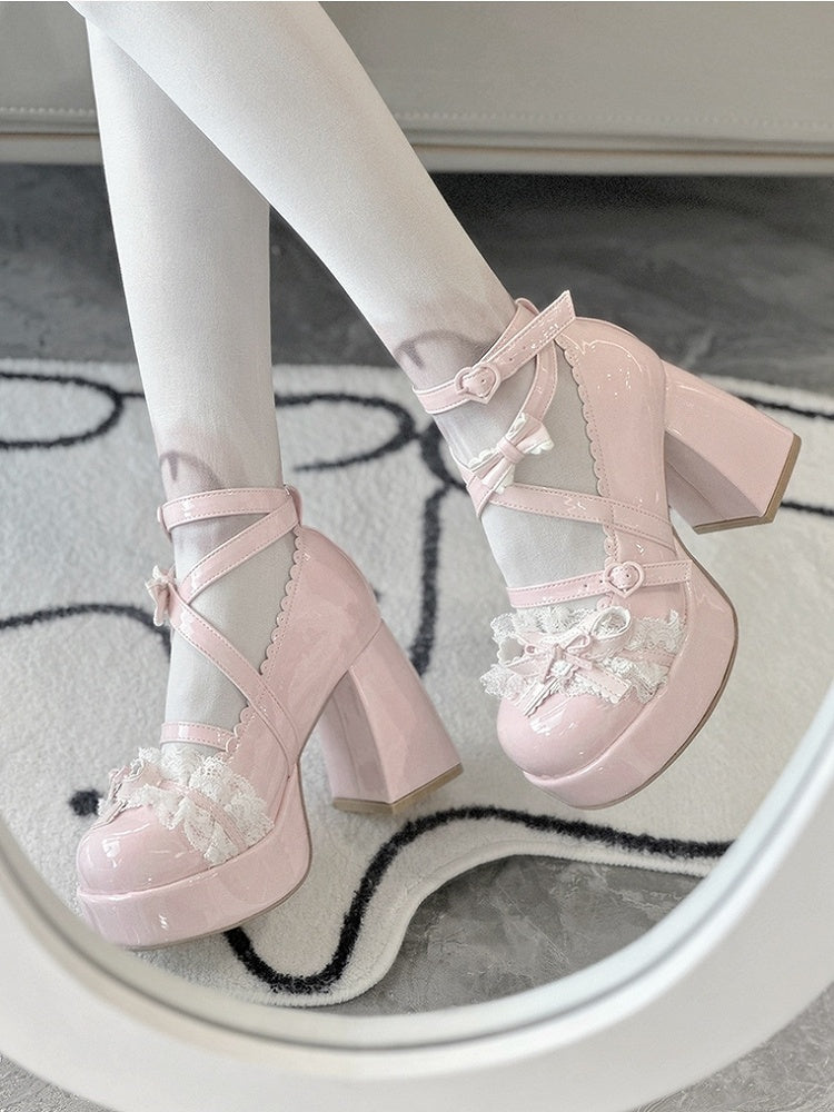 Lolita Heels White Lace Top Ruffles Patch Shoes Heart Bow Layered Block