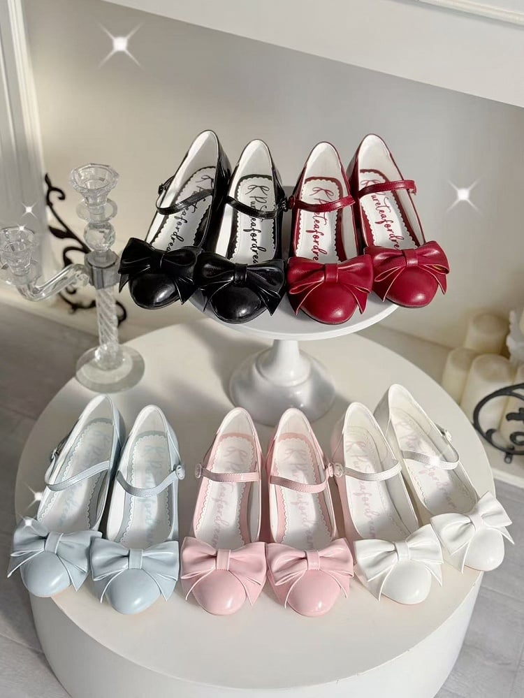 PU Silk Sakura Pink Elegant Lolita Mid-heel Mary Janes with Bow Accent & Circular Snap Closure