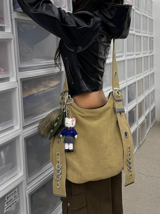 Chic Brown Punk Tote Bag With Adjustable Strap Crescent