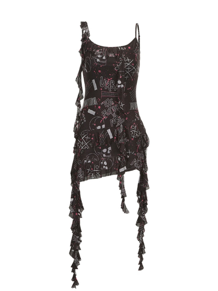 Glamorous Black Graffiti Print Asymmetrical Ruffled Slip Dress Hem