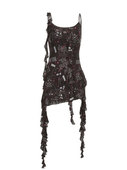 Glamorous Black Graffiti Print Asymmetrical Ruffled Slip Dress Hem