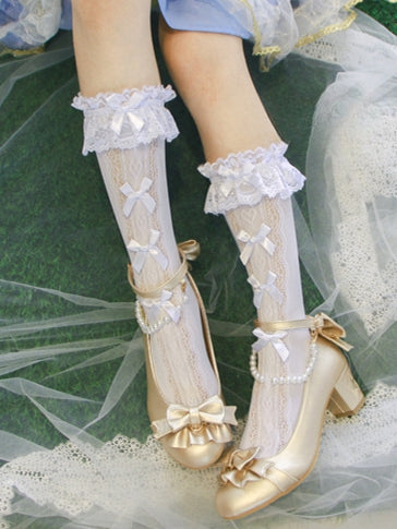 White/Cream Yellow Ruffled Lace Cuff Bows Calf Socks
