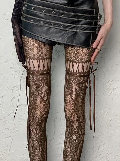 Ausgeschnittene Strumpfhosenträger zum Selbstbinden in Kaffee/Grau/Schwarz/Weiß/Lila/Blau im Y2K-Stil mit Blumenmuster