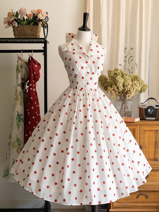 Back Halter Big Retro Polka Bow Neck Dots Backless Print Dress Pattern Fashion